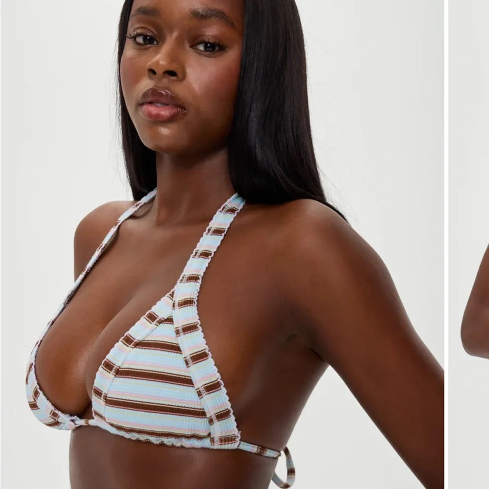 Frankie's Bikinis Light Blue & Brown Striped Triangle Bikini Set (Verona Stripe)